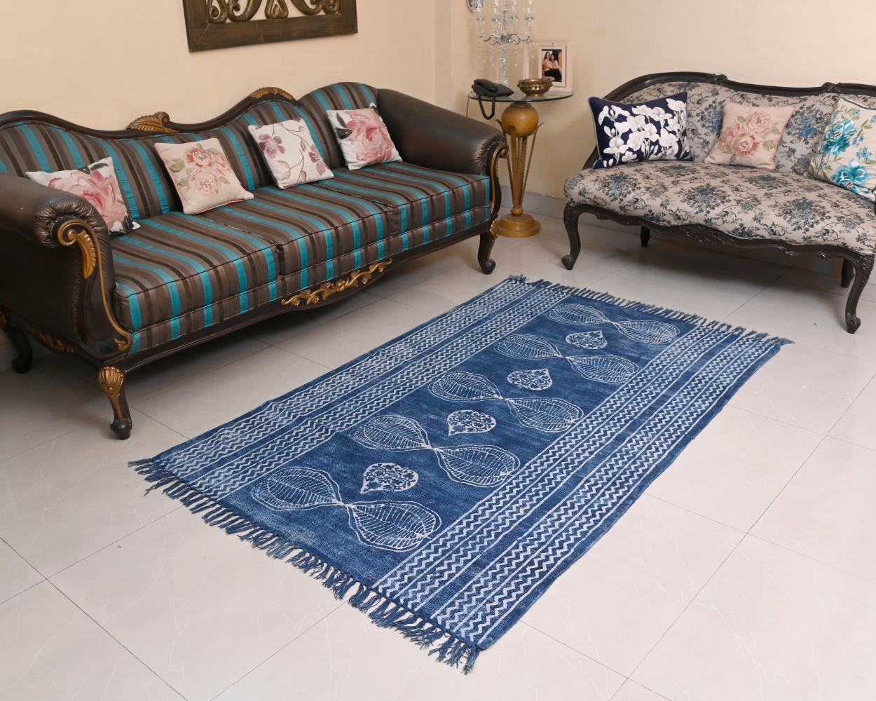Indigo Hand Dyed Block Print Rug 13