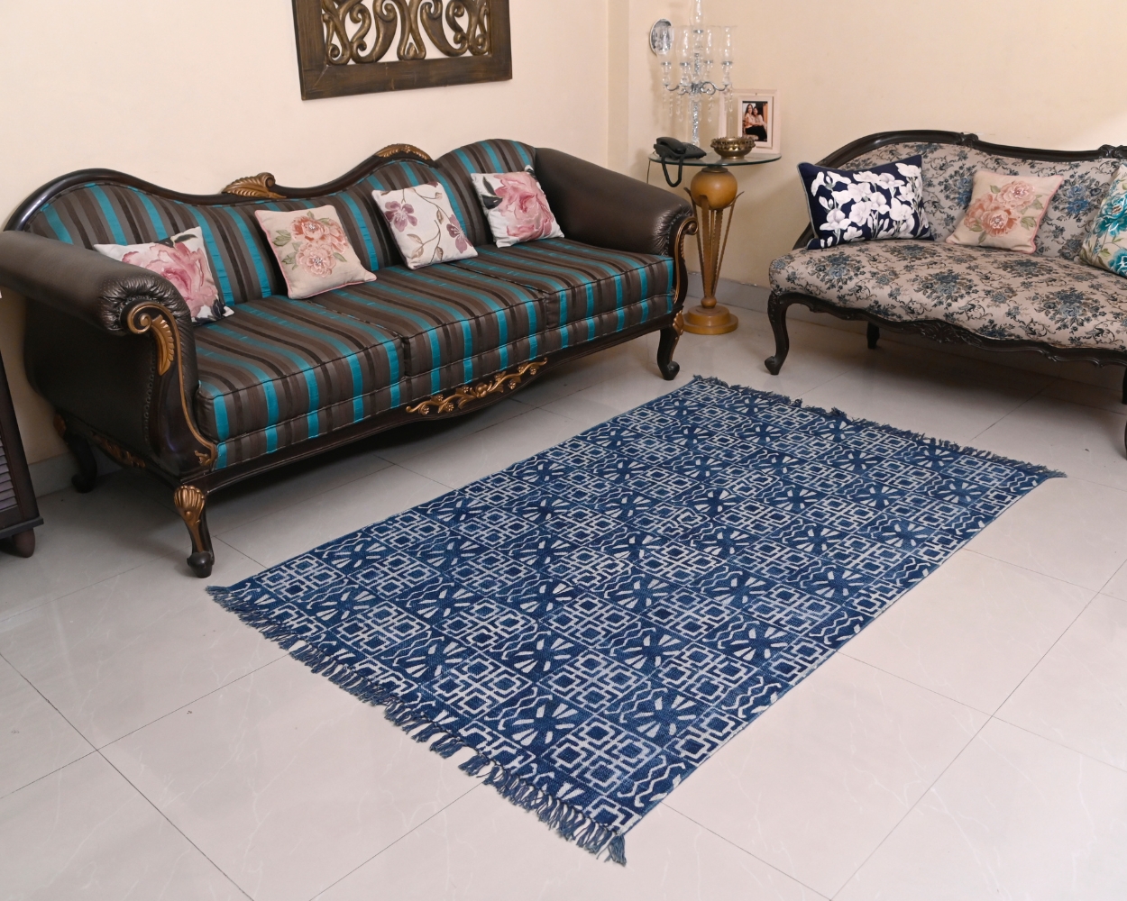 Indigo Hand Dyed Block Print Rug 11